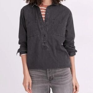 Madewell Black Denim Popover Long Sleeve Top Lunar Washed Black Cotton